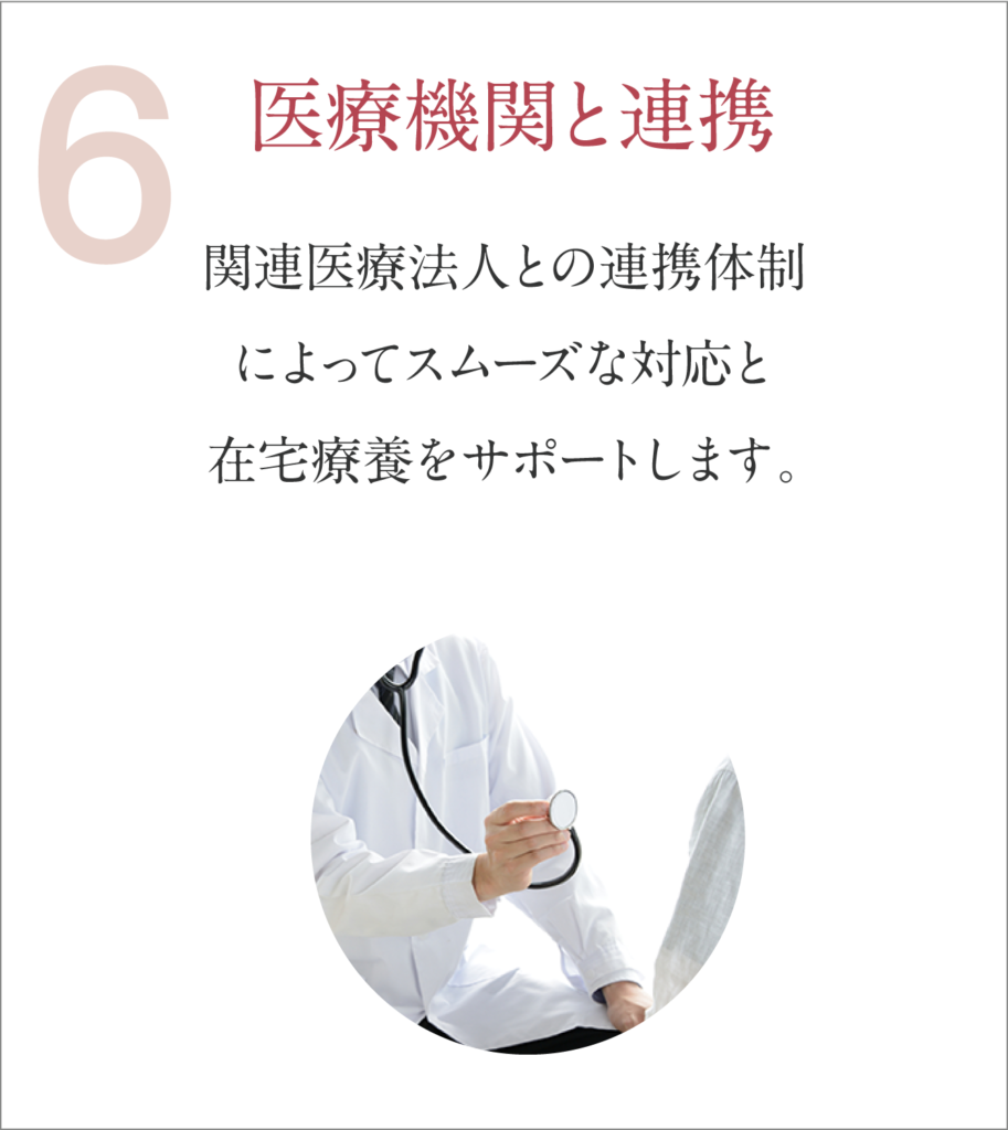 医療機関と連携 関連医療法人との連携体制によってスムーズな対応と在宅療養をサポートします。